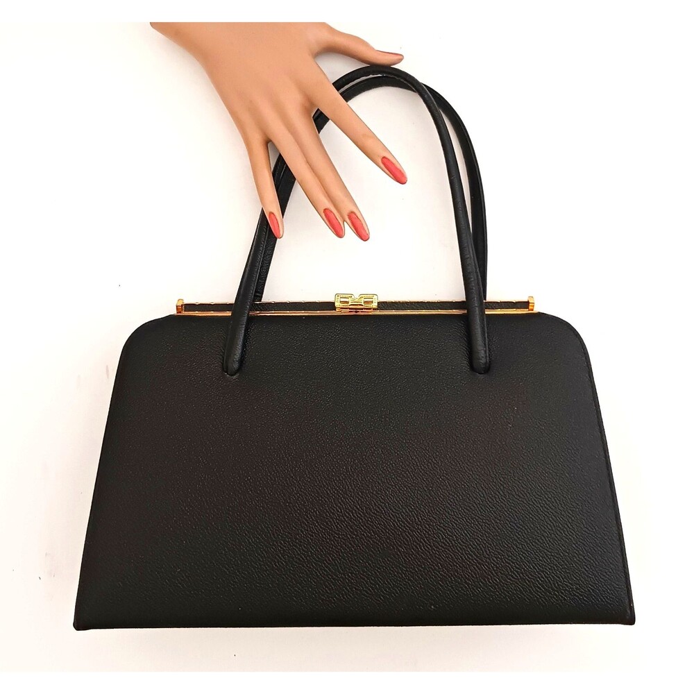 VTG 60s Marchioness Blk Leather Lg Top Handle Bag Suede Lining Made in Canada